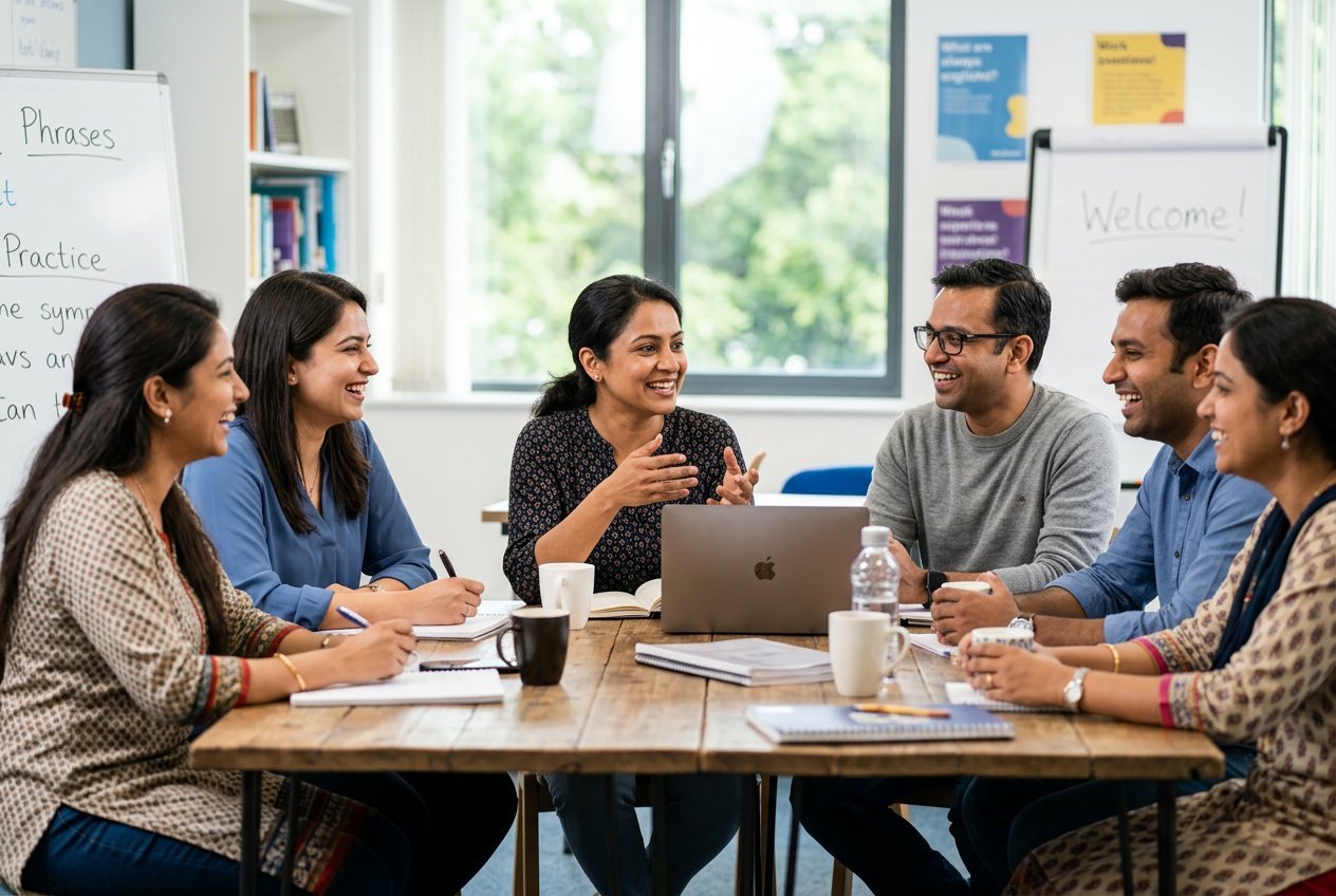 Small group of Tamil-speaking students in an English conversation practice session at English House