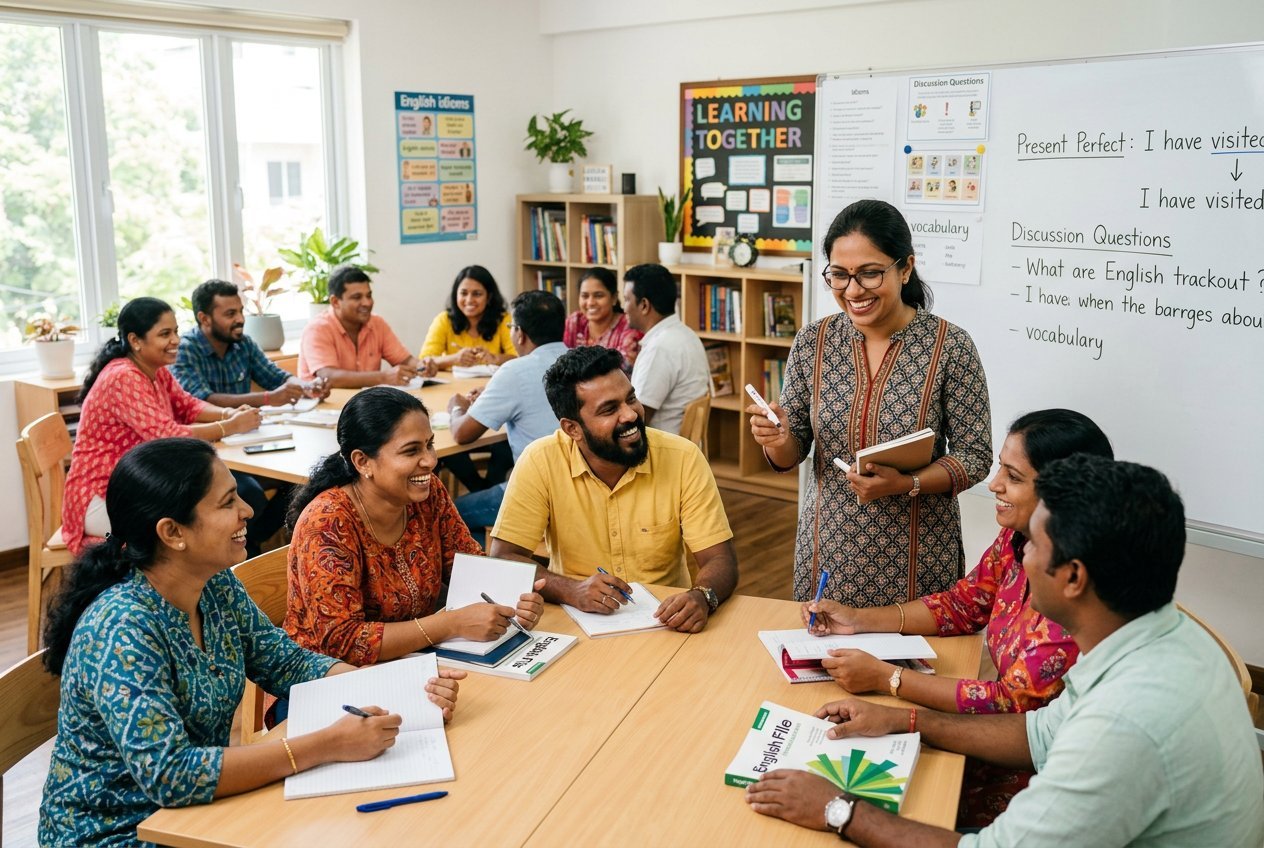 Diverse group of Tamil-speaking adult students learning English in a bright modern classroom at English House