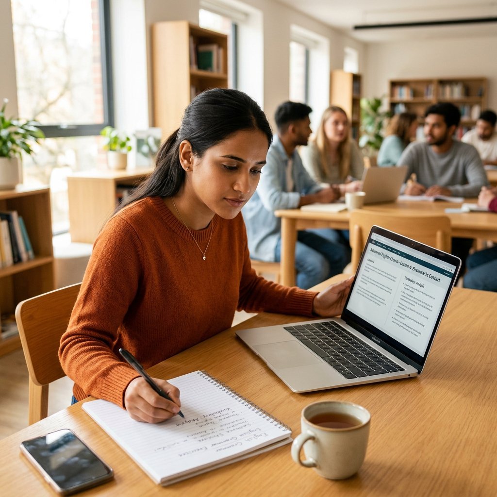 Young Tamil-speaking professional practising English with a laptop and notebook