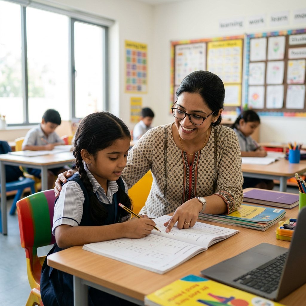 Friendly English House teacher giving one-on-one coaching to a student at a desk